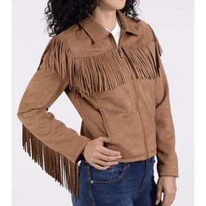 Wrangler Women's Western Cowgirl Faux Leather Fringe Jacket Stretch Tan SZ Large